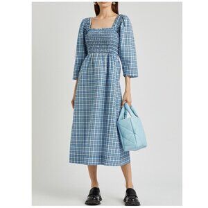 Ganni Dress Shirred Checked Cotton Seersucker Midi Blue DE 40 US 10 Milkmaid